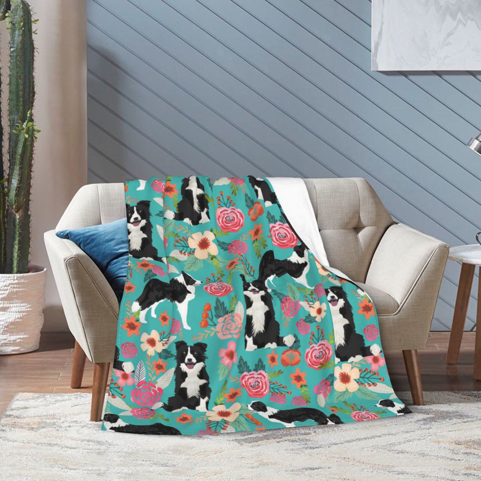 Wijzvio Border Collie Dogs Flower Floral Throw Blanket Soft Fuzzy Fleece Blanket For Couch Bed Living Room Decoration 60"X50"