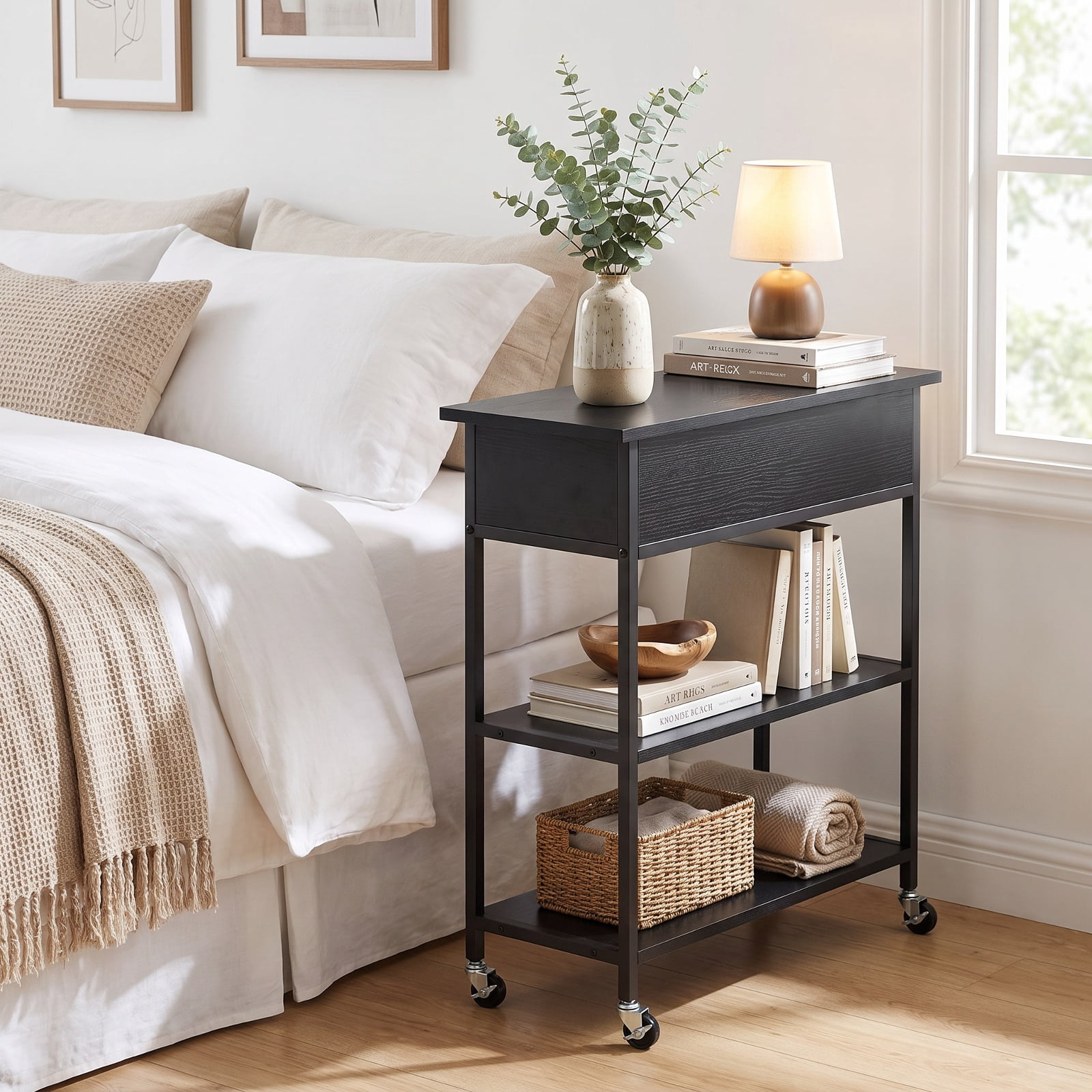 Furnibear Lift Top End Table with Charging Station Hidden Compartment and Universal Wheels for Living Room Sofa Side Narrow Spaces, Black