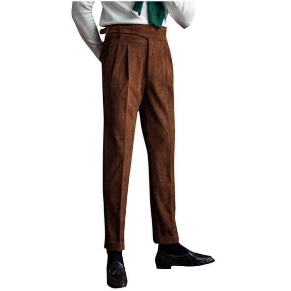 SSAAVKUY Men Corduroy Suit Pants Slim Fit Winter Warm Retro Pants Business Trousers Pleated Front Casual Pants Straight Dress Suit Pants Brown 10