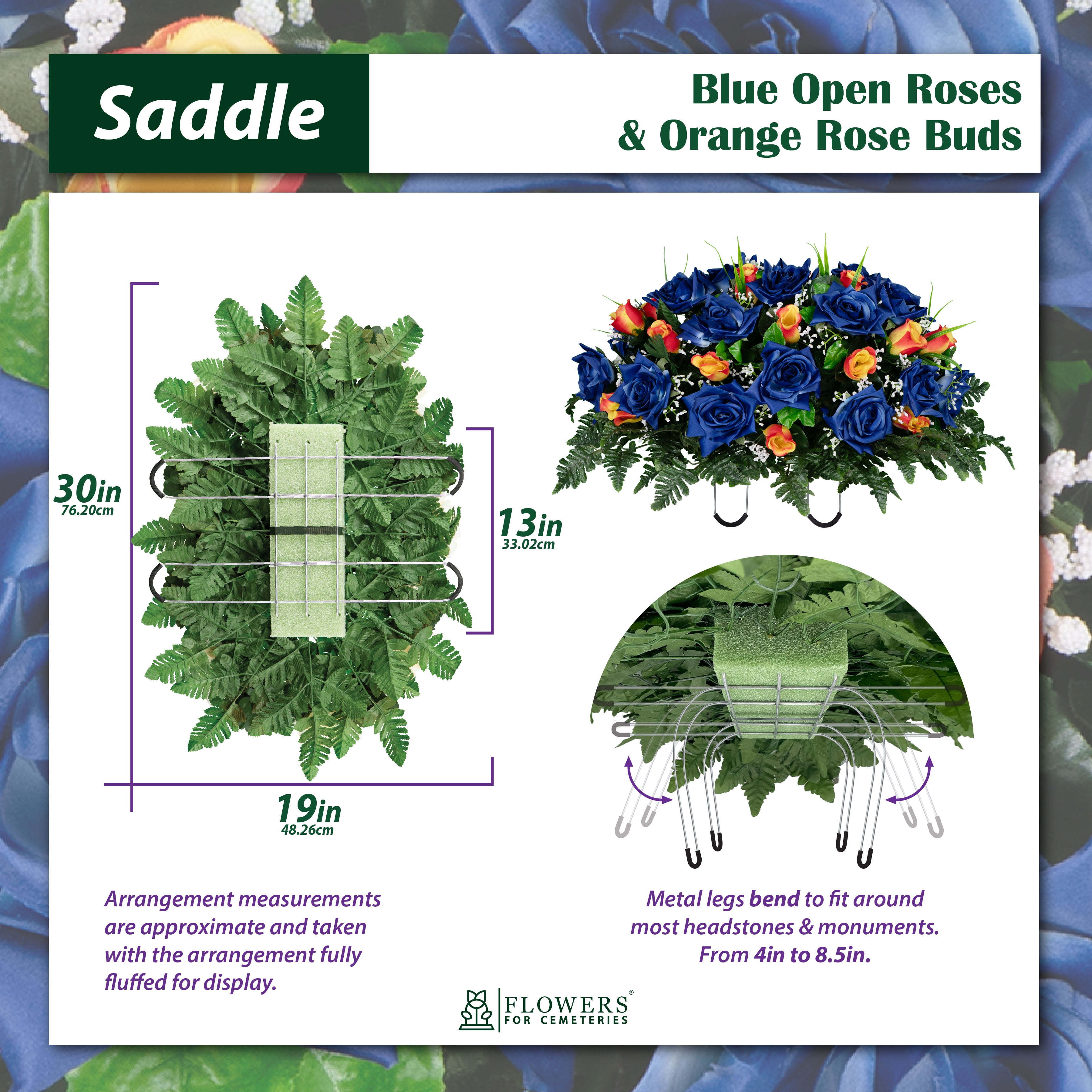 Sympathy Silks Artificial Cemetery Flowers - Blue Open Roses and Orange Rose Buds - Outdoor Saddle for Headstone