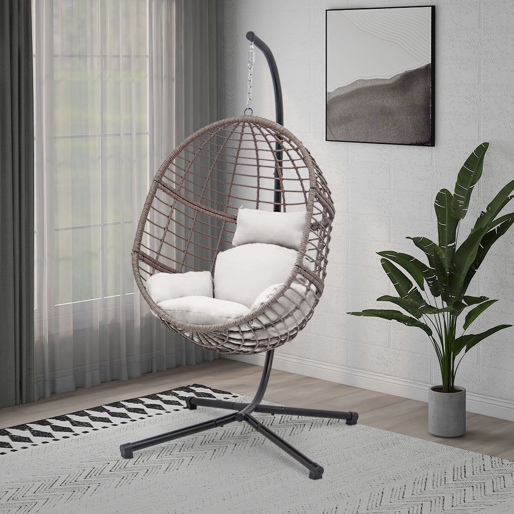 Abble Gray Wicker Hanging Swing Chair with Cushion and Stand - Aqua