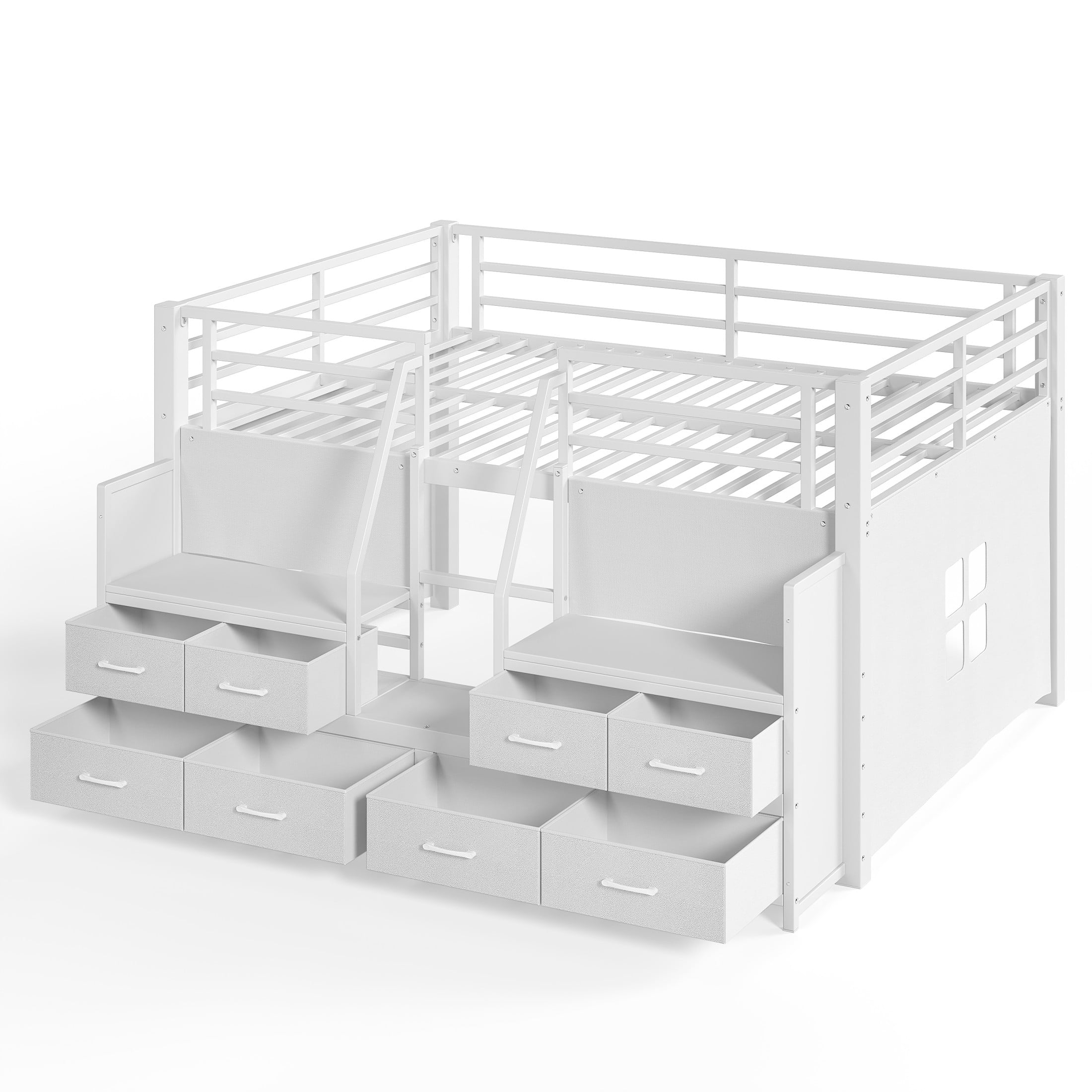 Aukfa Full Size Loft Bed with 8 Storage Drawers, Shelves & LED Lights, Metal Low Loft Bed for Kids Bedroom, White