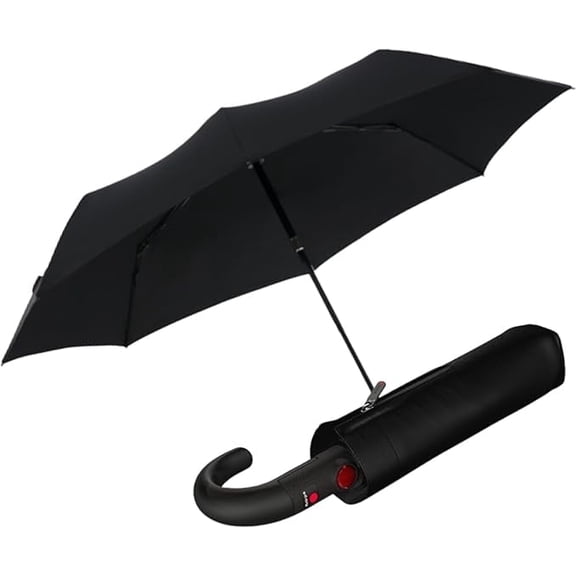 Knirps T.260 Duomatic Medium Pocket Rain Umbrella in Black– Automatic Open Close, Wind-Tunnel Tested to 93mph, Hook Handle Design, 38in Canopy, OEKO-TEX, Fits in Backpacks & Purses