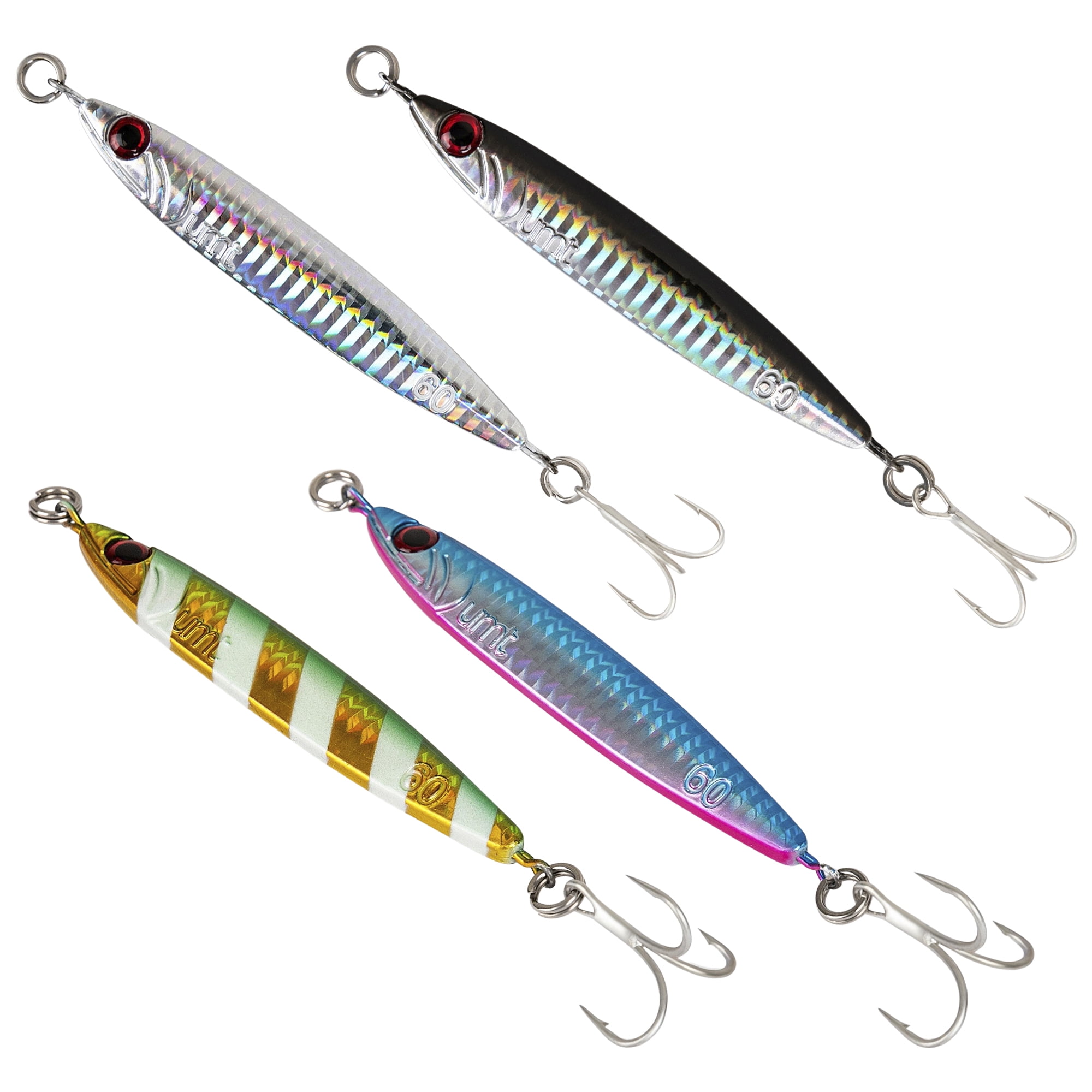 60g Multicolor Casting Jigs (4Pk) by UMT - Saltwater & Freshwater Fishing Jig for Sea Bass, Fluke, Porgy - Treble Hooks
