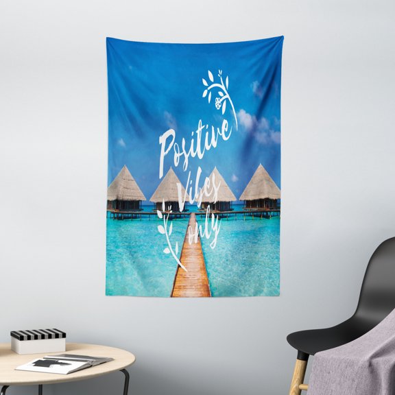 Quote Tapestry, Positive Vibes Only Message Attitude Motivation Inspirational Concept Tropical Scene, Wall Hanging for Bedroom Living Room Dorm Decor, 40"W X 60"L, Multicolor, by Ambesonne