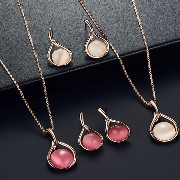 SPRING PARK Women Round Shape Cat Eye Pendant Necklace Earrings Stud Women Jewelry Gift Set