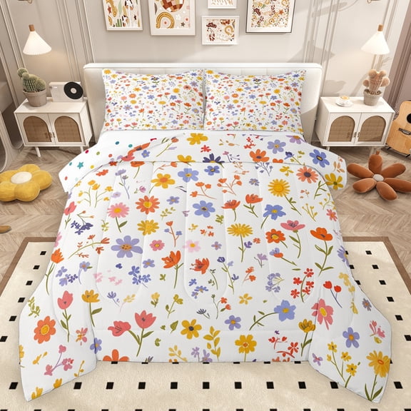 Feelyou Cartoon Plant Floral Queen Comforter Set, Simple French Style Bedding Sets, Kawaii Groovy Flower Reversible Bedding Comforter Set, Luxury Bedroom Decor, 3 Pieces