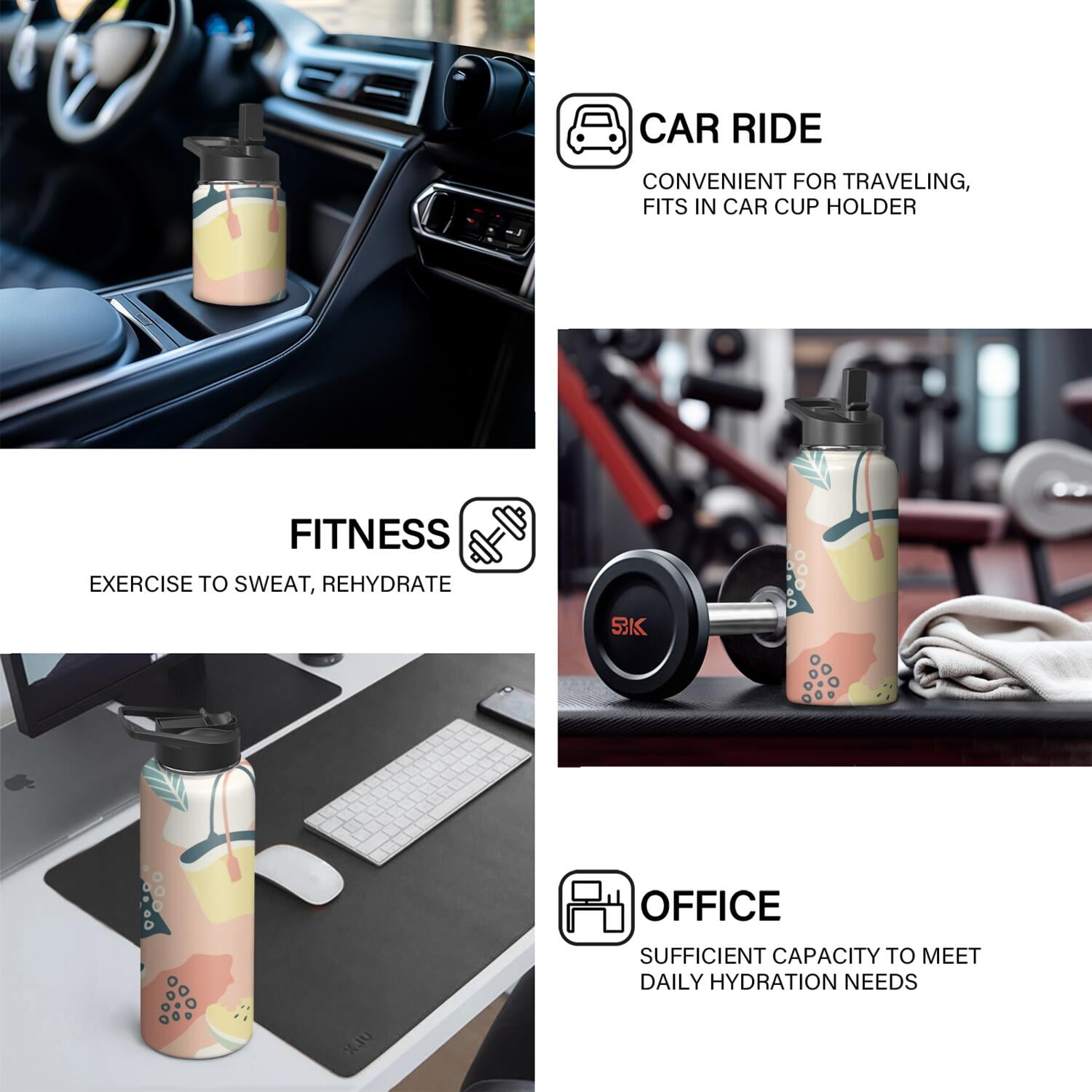Modern 18 oz Insulated Stainless Steel Water Bottle with Straw & Cleaning Brush , Leakproof, BPA-Free, 304 Stainless Steel, Wide Mouth, Travel Mug for Car, Gym, Office