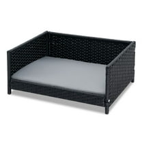 Rattan Dog Bed with Waterproof Cushion for Small Medium Dogs Cats - Grey Wicker Pet Bed for Indoor Outdoor Use, Elevated Design, 24.5" x 18" x 10", 66lbs Capacity