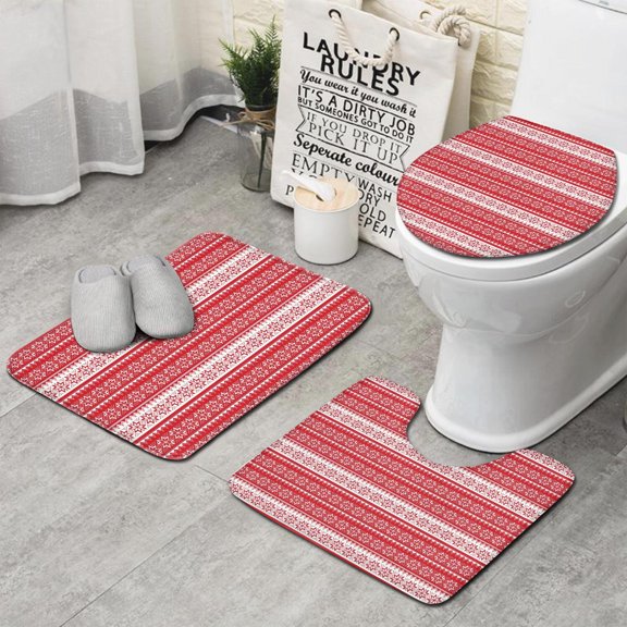 Red Christmas Geometric Snowflake Pattern Bathroom Rugs Sets 3 Piece,Toilet Cover Set,Absorbent Non Slip Bathroom Mats Sets with U-Shaped Contour Rug Toilet Rug Set