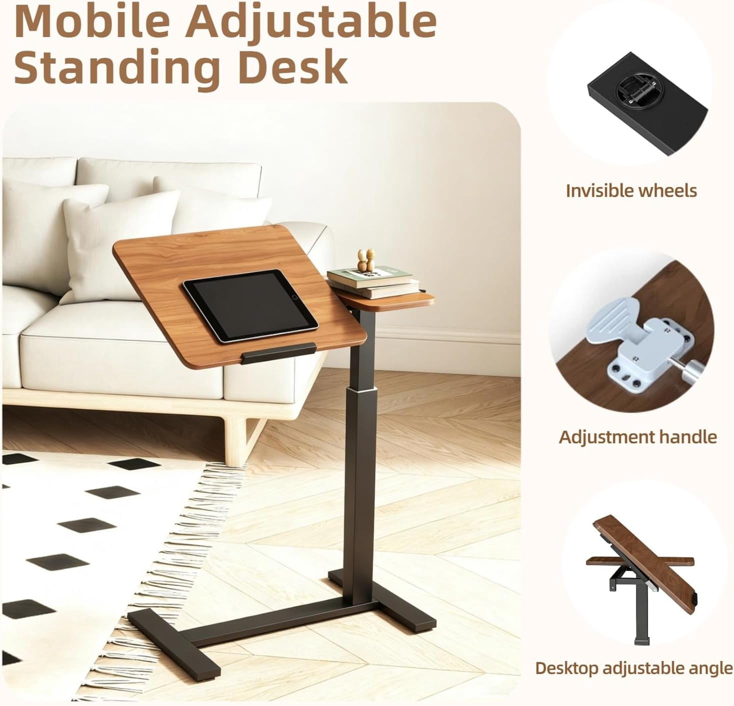 YWEN Small Mobile Standing Desk with Wheels, Adjustable Overbed Bedside Table with Flip Desktop, Rolling Laptop Desk for Hospitall & Home Office