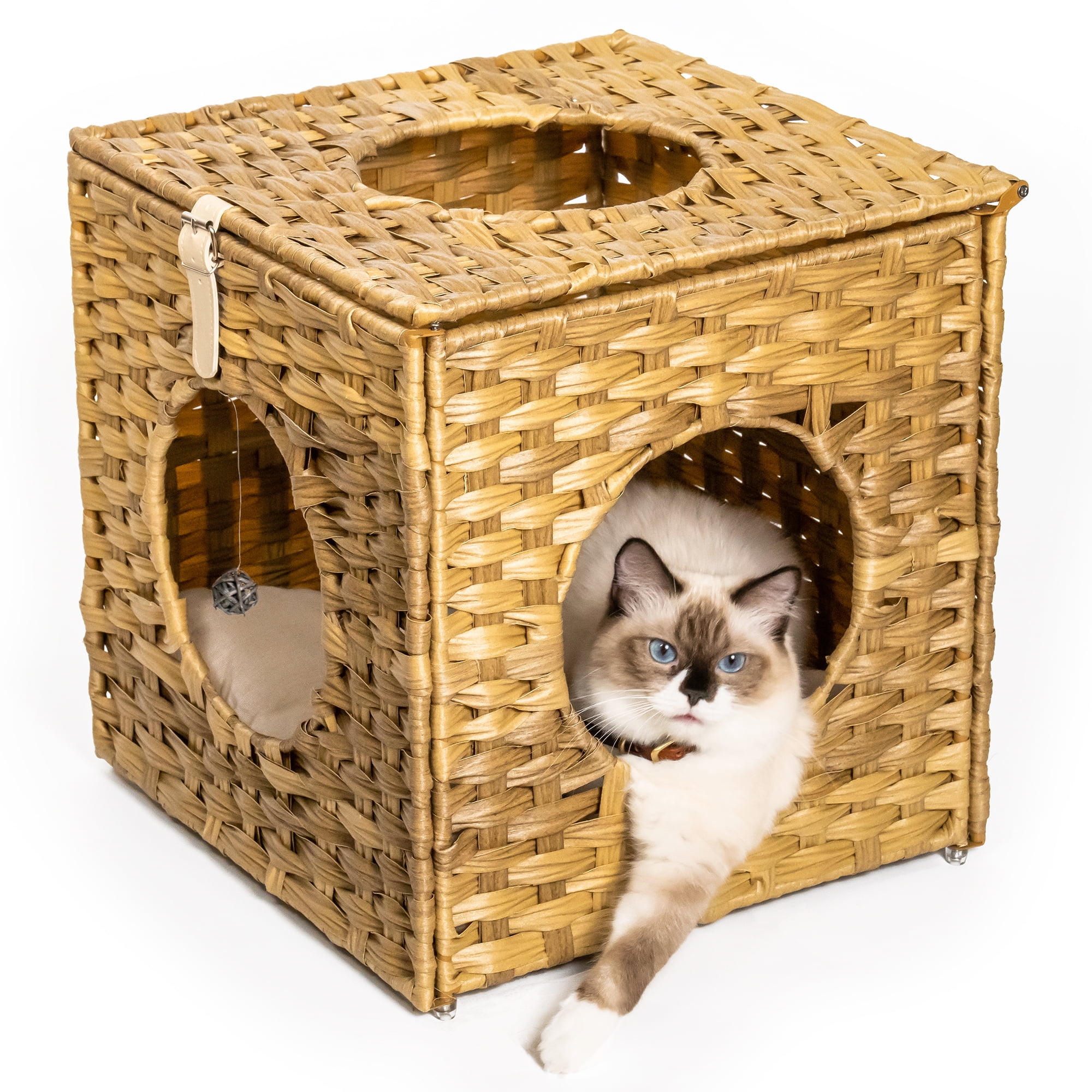 Canddidliike Rattan Cube Cat Bed with Rattan Ball and Mats in Yellow Brown Canddidliike Rattan Cube Cat Bed with Rattan Ball and Mats in Yellow Brown