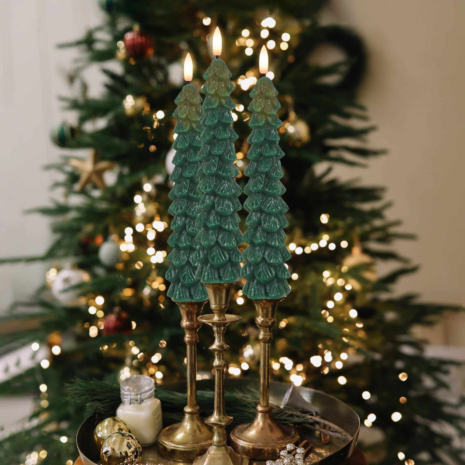Christmas Tree Flameless Taper Candles with Remote Timer, Christmas LED Taper Candles with 3D Flame, 4 Pcs Green LED Candlesticks for Christmas Home Decoration