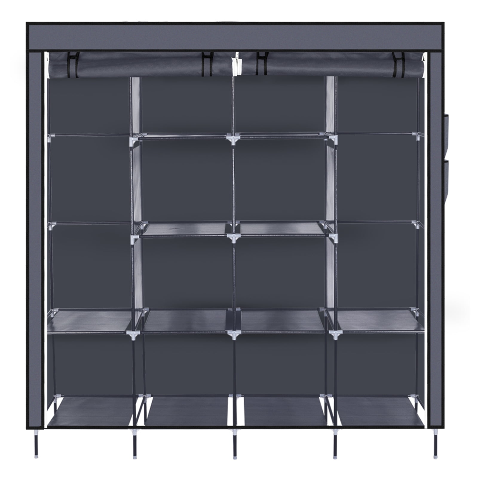 67" Clothes Closet Portable Wardrobe Clothes Storage Rack 12 Shelves 4 Side Pockets, Gray