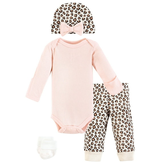 Hudson Baby Girls Thermal Preemie Layette Set 4pc Long Sleeve Outfit, Leopard, Preemie