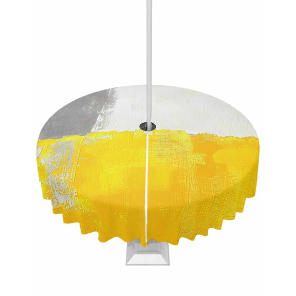 Boanket Outdoor Tablecloth with Umbrella Hole for Patio/Picnic/Party/Camping, Yellow Gray Waterproof Table Cloth Round Cover Washable, Oil Painting Modern Abstract Geometric (Dia 60")
