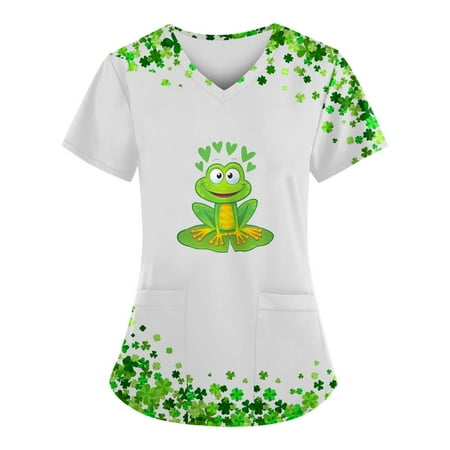 

Alrise Multicolor Summer Plus Size Scrubs Top for Women Fashion Print Short Sleeve T-Shirt V-Neck Pockets Workwear Blouse 4X-Large