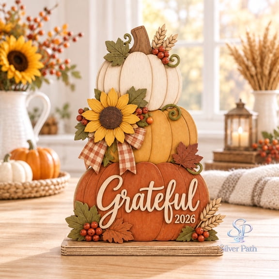 Personalized Wooden Block 2 Layer Grateful Pumpkin Stack for Fall Tabletop Thanksgiving Decor