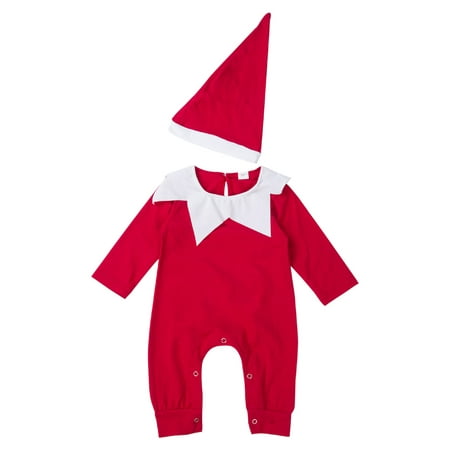 Christmas Elf Costume Newborn Infant Kids Baby Boy Girl Romper Long Sleeve Jumpsuit + Hat Outfits Sets