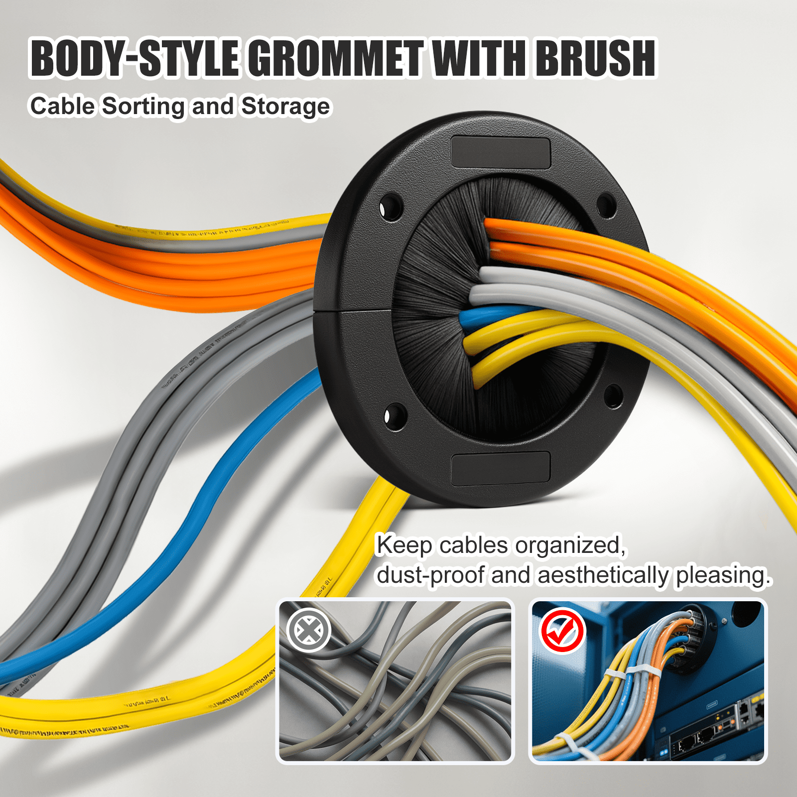 2-Pack 4-Inch Round Brush Grommet, Large Split Design Cable Pass-Through for Data Center Raised Floor & Home Wall, Airflow Optimization