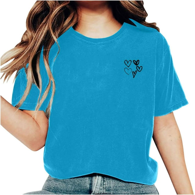 AherBiu Hauts d'Été pour Femmes Manches Courtes T-Shirts Confortables Imprimé Cœur Col Rond Basiques Blouse