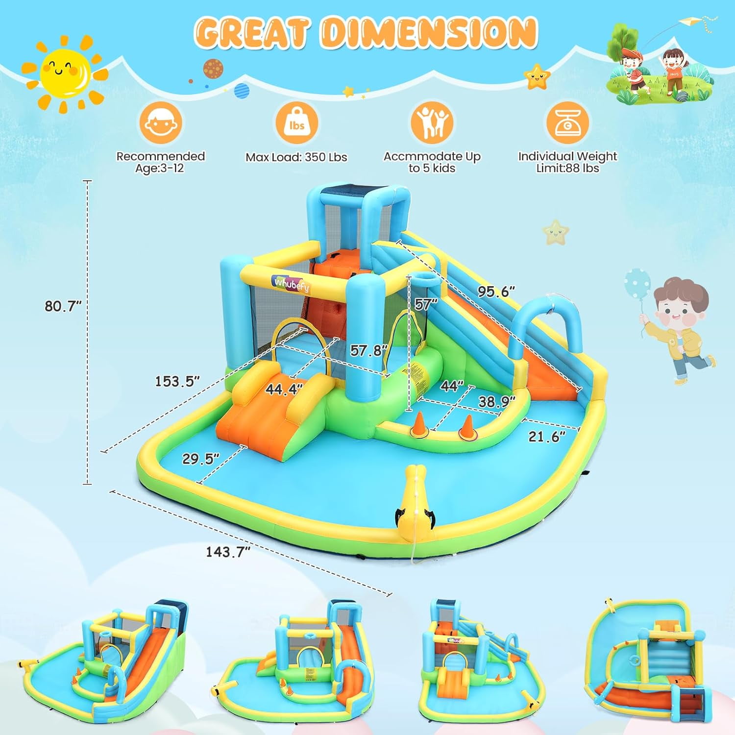 Veeboto Inflatable Water Slide for 3-12 Years, Bounce House with Climbing Wall, Ball Pool, Water Guns, Basketball Hoop, Hoop Game, Indoor/Outdoor Kids Bouncy Castle with Blower