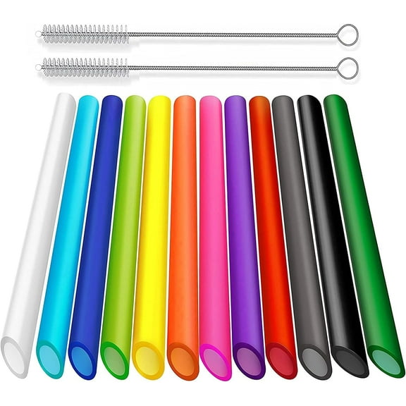 12-Pack Reusable Plastic Boba Straws, Pointed Design, 10.5 inch Long Smoothie Straws with 2 Cleaning Brush(13mm)