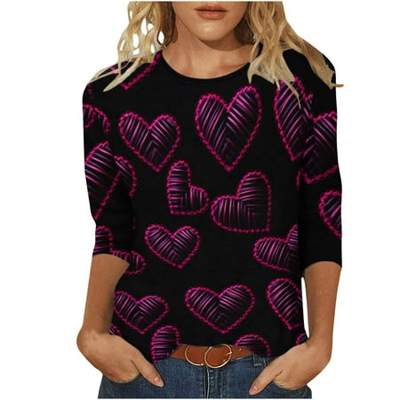 DDAPJ pyju Valentine's Day Shirts for Women 3/4 Sleeve, 3D Heart Print Crewneck T-shirt Novelty Holiday Graphic Tees Cute Going Out Tunic Tops Lightning Deals of Today Prime Black XL