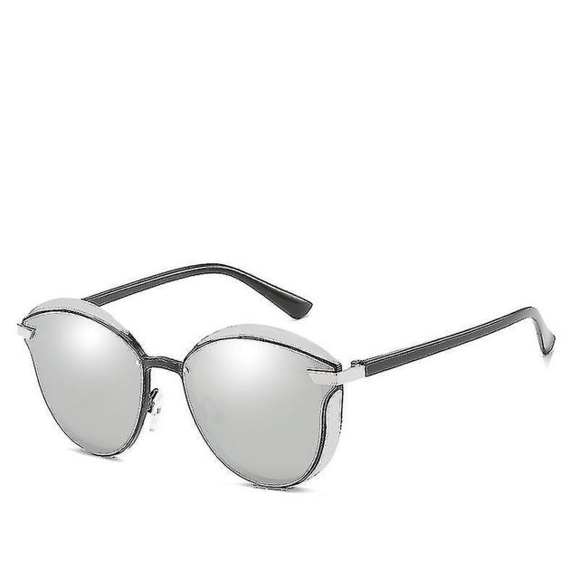 mid-calf white yellow claw gafas de sol retro con marco de metal, gafas de conducción polarizadas a la moda para mujer, gafas protectoras para pesca uv400 3/4 frontal, montura metálica plateada delgada con puente metálico, lentes redondas espejo polarizadas, plaquetas nasales ajustables y varillas negras; fondo blanco, adecuada para conducción y pesca.