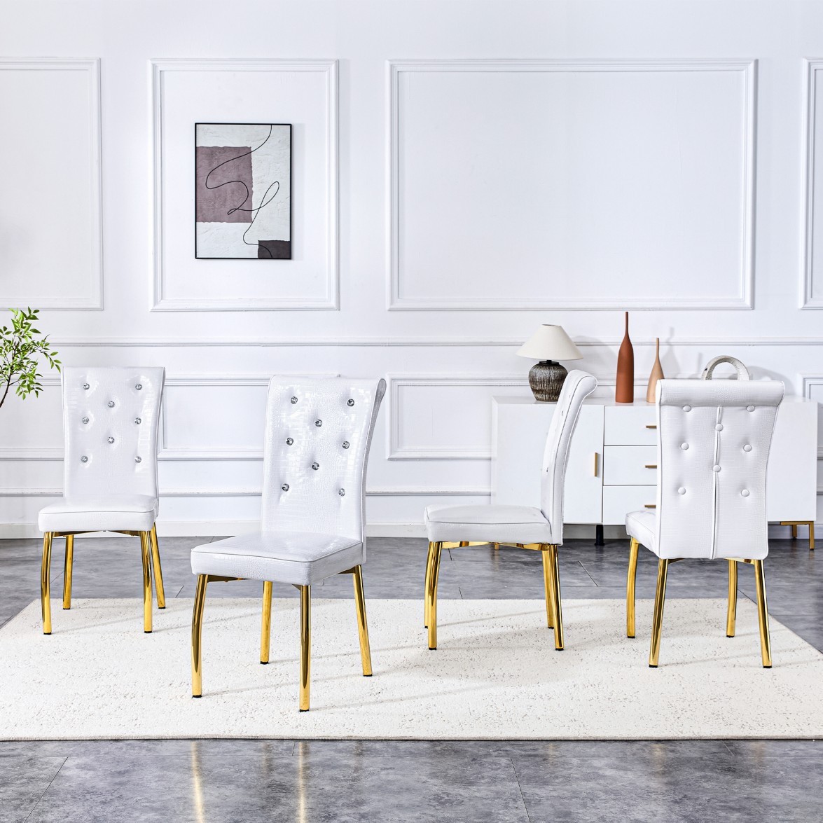 Set of 4 Retro Dining Chairs, Faux Alligator-Textured PVC Leather Upholstered Chairs with Crystal Button Details & Galvanized Metal Legs, 400 LBS, White & Gold