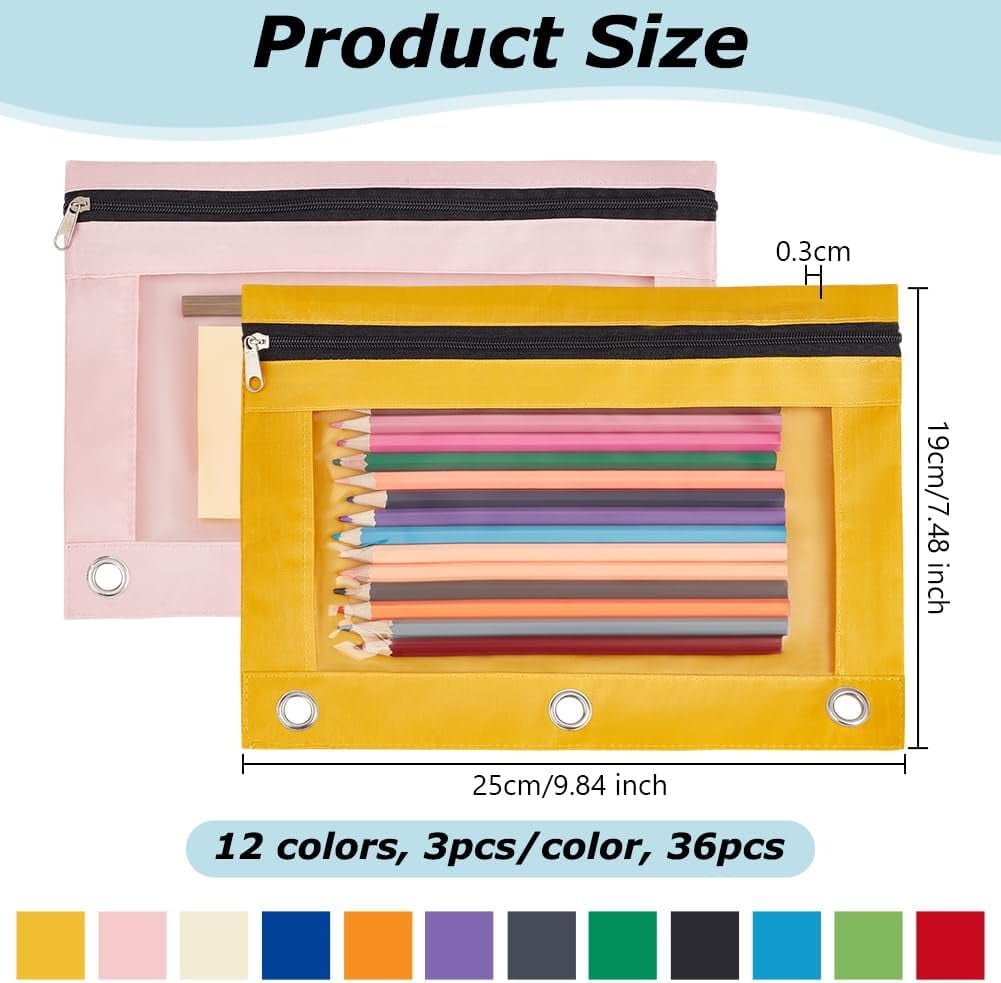 36 Pack Clear Window Pencil Case for Binder Smooth Zipper 3 Ring Binder Pencil Pouch Bulk Zipper Pen Pouch Oxford Fabric Pen Bag Multi-color
