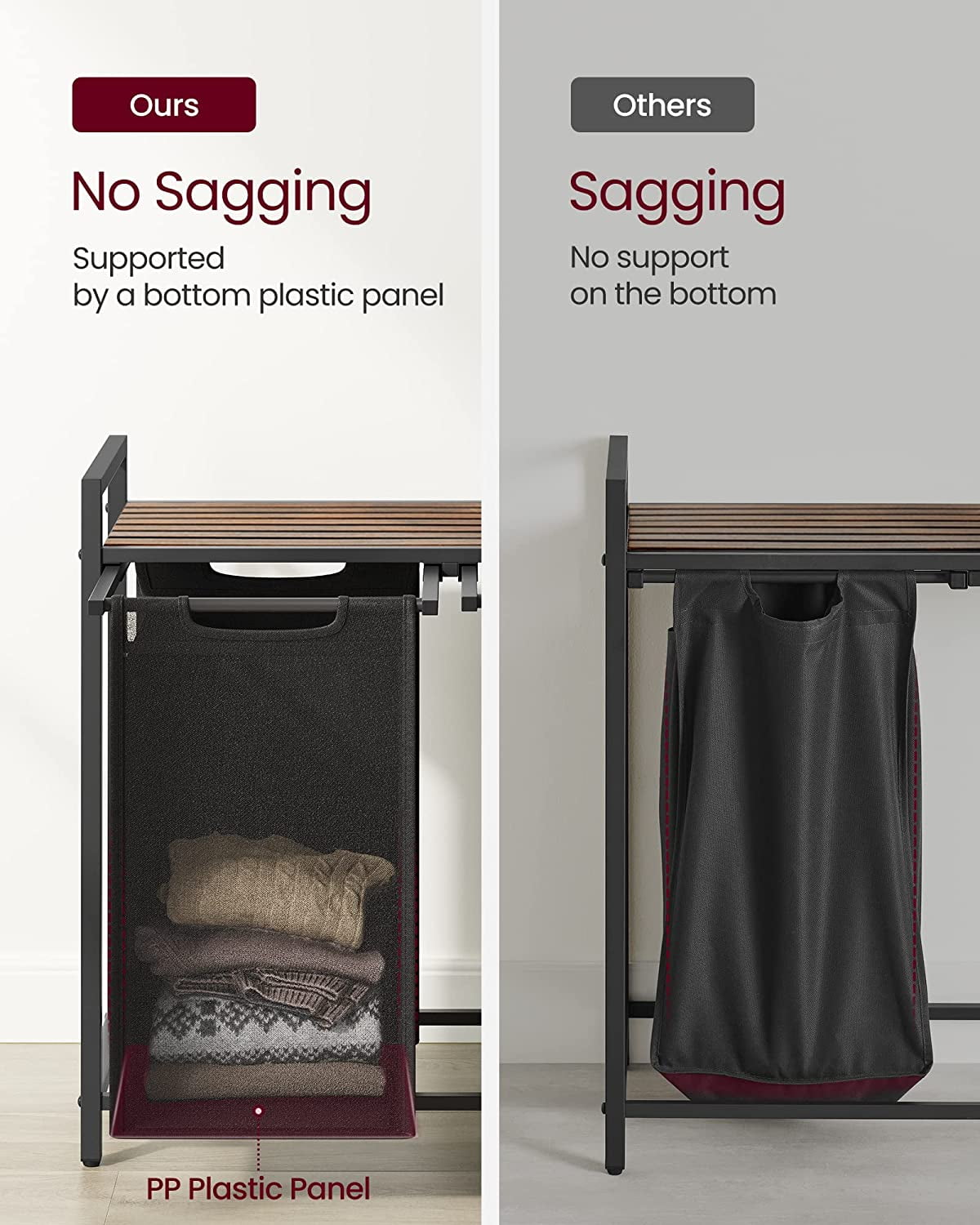 46L Laundry Hamper with Shelf Laundry Basket Laundry Sorter with 2 Pull-Out and Removable Bags Shelf Rustic Brown and Black