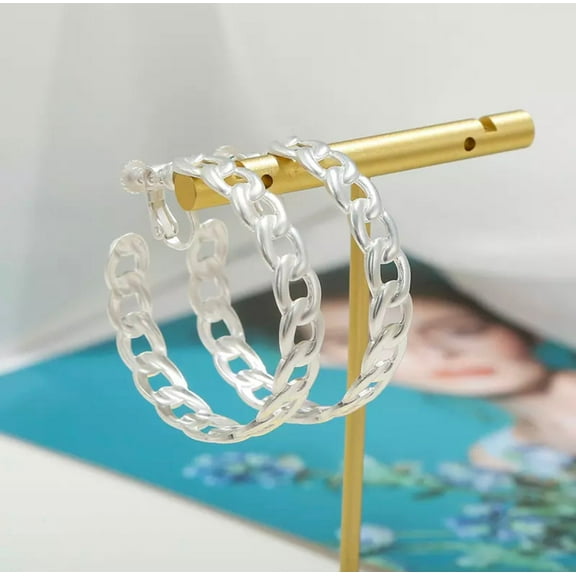 Clip on matte silver wide chain open back hoop earrings