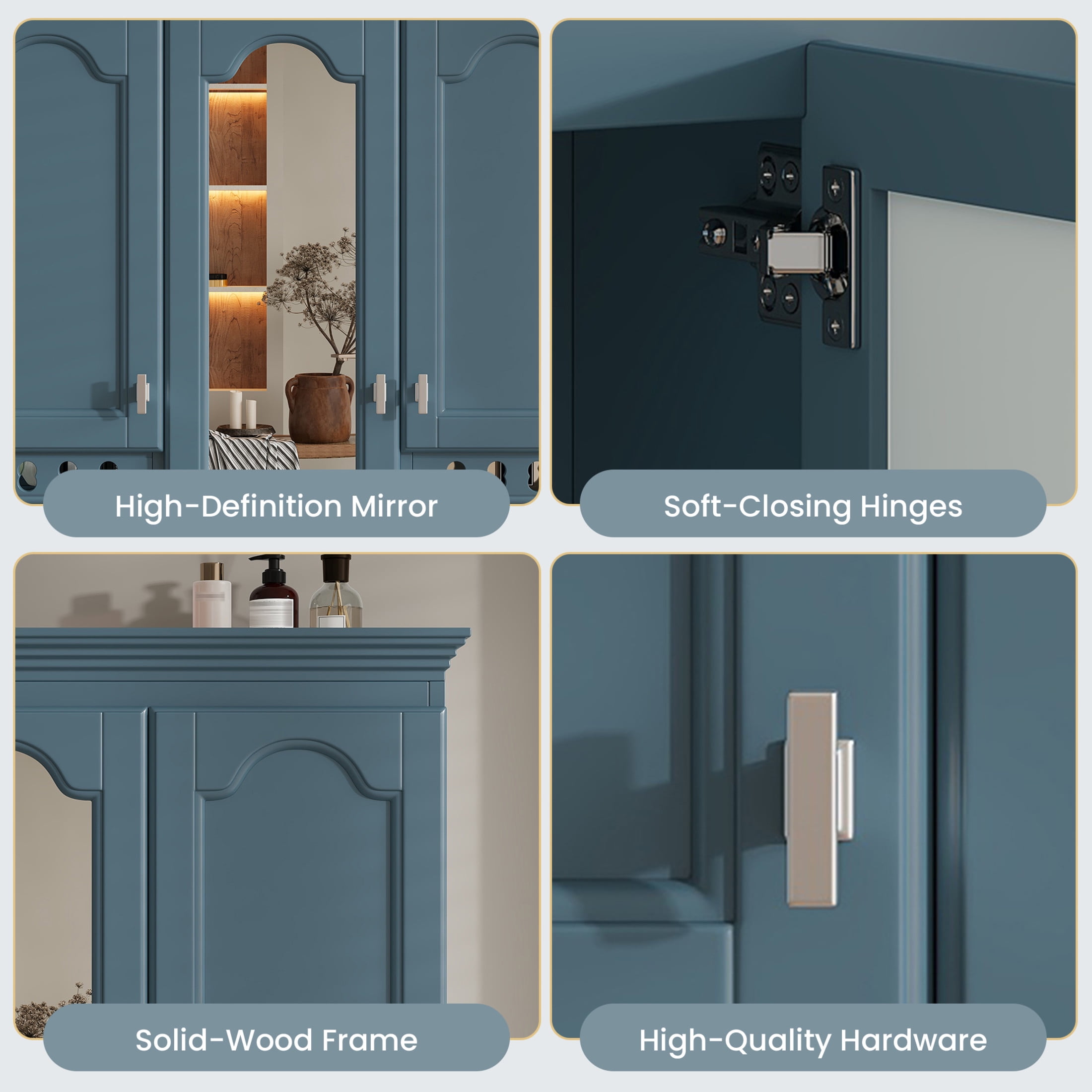Noble House 35" Wall Mounted Mirror Cabinet with Adjustable Shelves, Soft-Close Hinges, Blue
