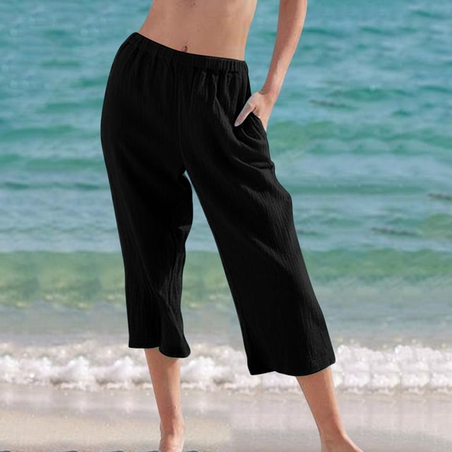CFLVAEK Going Out Capri Pant with Pocket for Women Baggy Solid Ruched Beach Pant Flowy Fall Casual Straight Pedal Pushers Lightweight Mid Rise Wide Leg Pants
