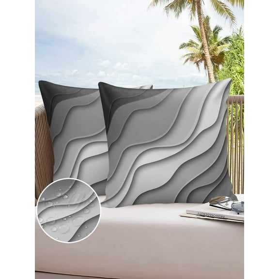 Outdoor Throw Pillow Cover Gray and White Gradient Ombre Art Waterproof Cushion Covers 2 Pack Geometric Abstract Wave Stripes Pillow Cases Home Decoration for Patio Garden Couch Sofa