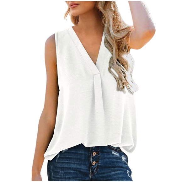 Ersazi Summer Outfits for Women Vacation Women Blouse T-Shirt Tunic Tops Loose Casual Sleeveless V-Neck Solid Casual In Clearance White L