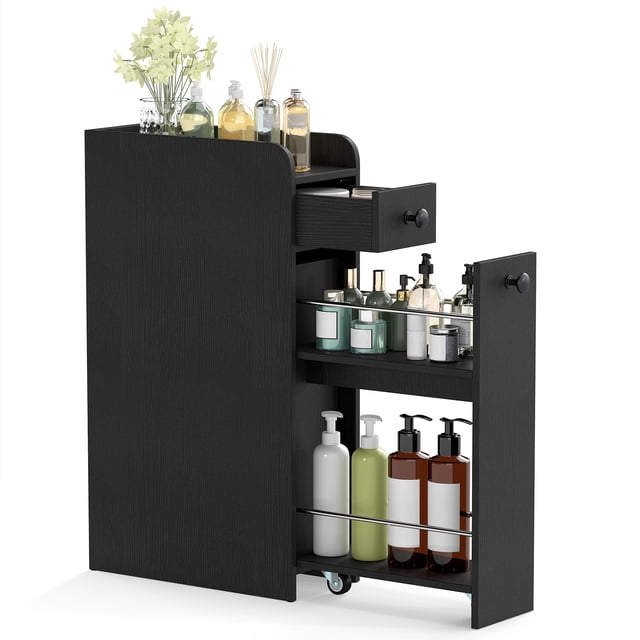 Gymax Slim Storage Cabinet Narrow Bathroom Cabinet w/ Slide Out Drawer & Spacious Top 2 Rolling Wheels Black
