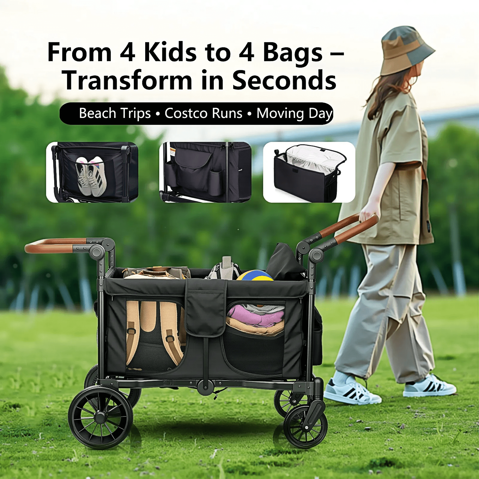 4 Kids Wagon Stroller Push-Pull - Lightweight Travel Fold Tandem Trolley with 5-Point Harness,Adjustable Canopy&Handle,Snack Tray,Storage,Mom Bag,All-Terrain Wheels for Beach Travel Camping Shopping