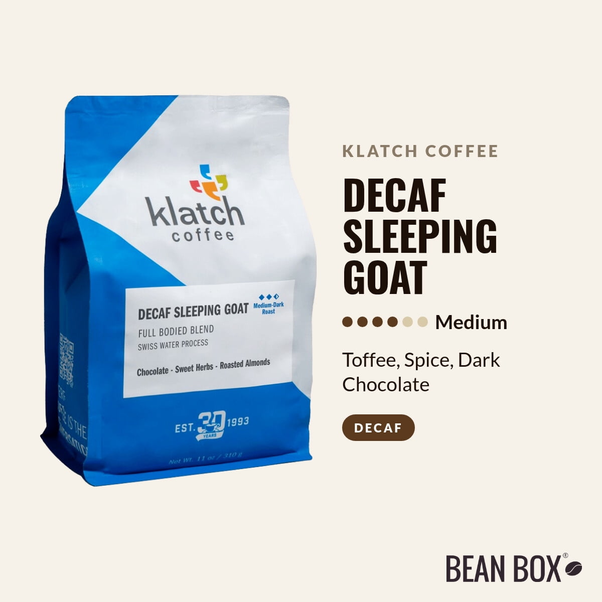 Decaf Sleeping Goat - Roasted by Klatch Coffee - Whole Bean Coffee - 310g Bag