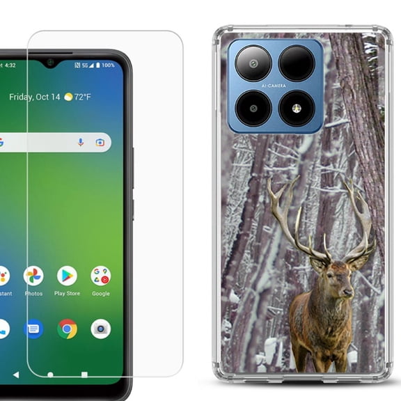 For Boost Mobile Summit 5G Shockproof Phone Case Cover with Tempered Glass Screen Protector, by OneToughShield - Deer/Snow/Camo