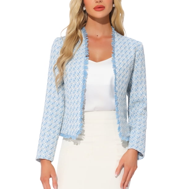 Blazer de Tweed a Cuadros INSPIRE CHIC para Mujer, Chaqueta de Oficina de Manga Larga y Frontal Abierto, Talla M Azul