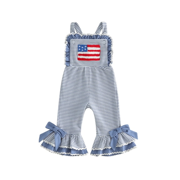 BemeyourBBs Toddler Baby 4th of July Outfit Patriot Independence Day Clothes Toddler Girl Summer Jumpsuit USA Flag Embroidery Sleeveless Waffled Striped Bell Bottom Overall Pants