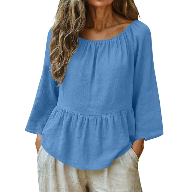 TaTaai Women's Casual Solid Color Cotton Linen Tops 2-in-1 Round Neck 3/4 Sleeve & Short Sleeve Lightweight Soft Comfortable Summer Shirts Gift
