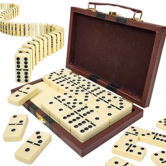 Domino Set with 28 Double Six Tiles, Classic Board Game in Brown Case for Family Game Night