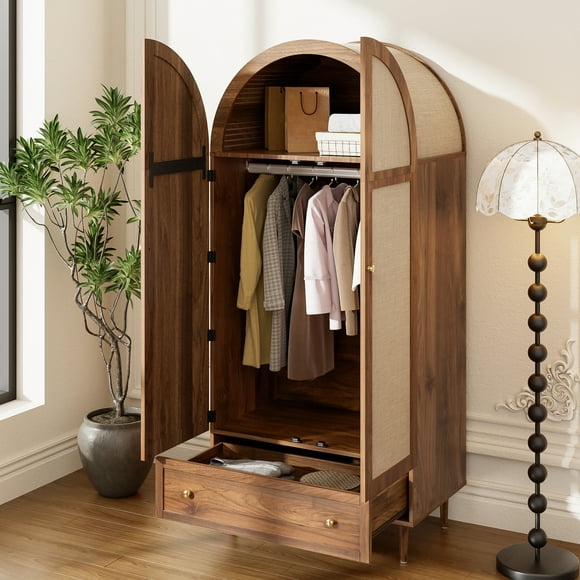 MODERNLUXE 2 Doors Wardrobe Closet with 1 Drawer, Clothing Storage Cabinet with Hanging Rod,Shelves and Wooden Legs,Armoire Closet for Bedroom,Guest Room or Dressing Room