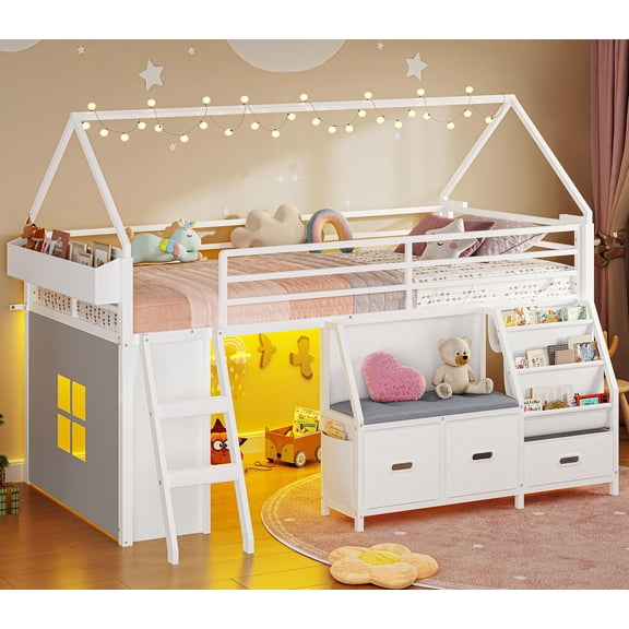 Afuhokles Low Loft Bed Twin Size with Bookshelf, LED Loft Bed with 3 Drawers, White