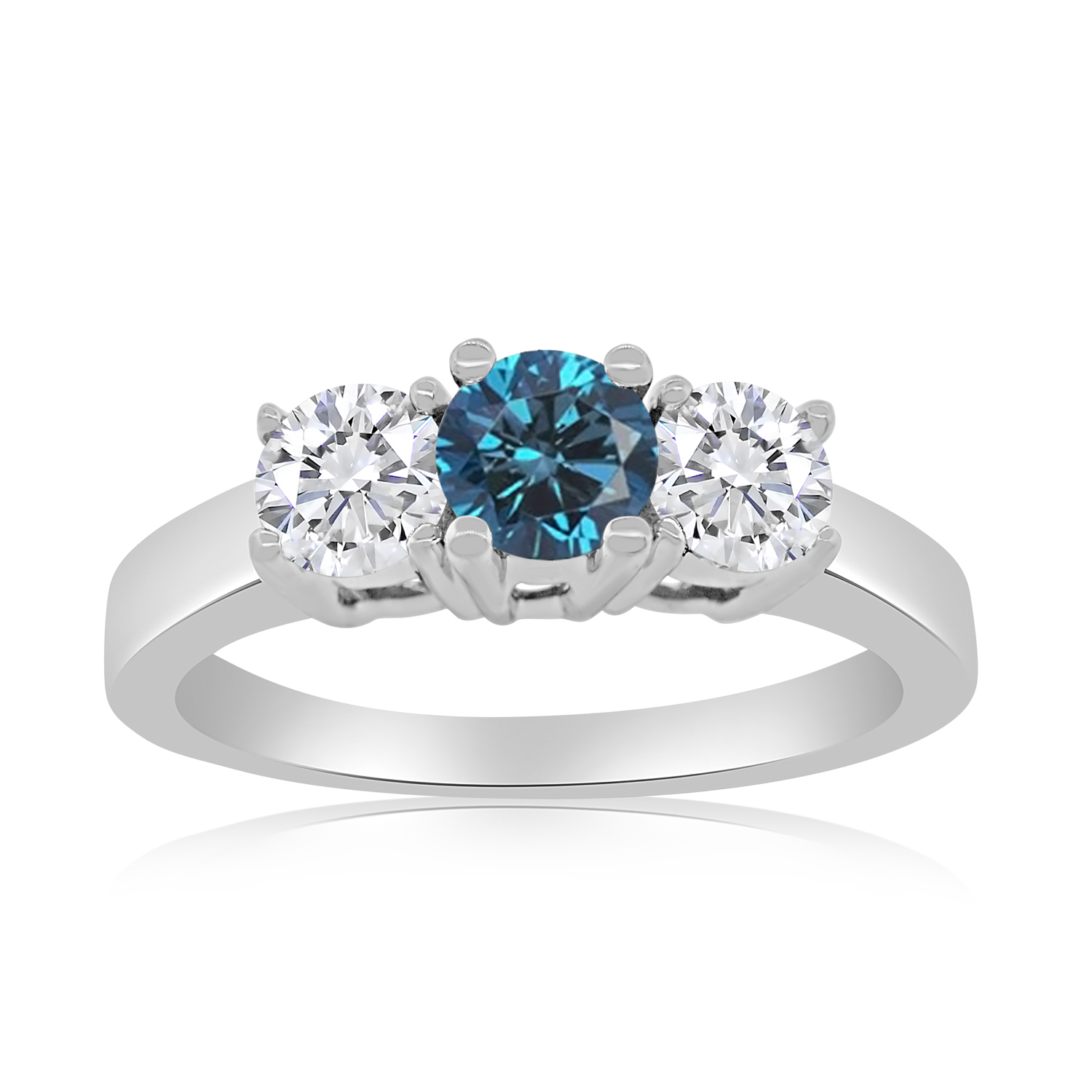 1.00ctw Diamond Three Stone Ring with Center Blue Diamonnd in 10k White Gold