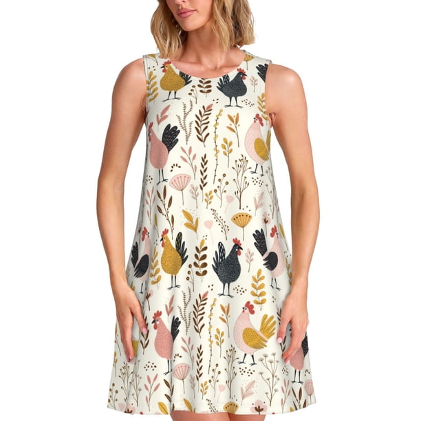 Fotbe Cartoon Chickens Vestido de Verano sin Mangas para Mujer – Vestido Midi Línea A, Estilo Camiseta Floral, Vestido Playero Casual y Fluido