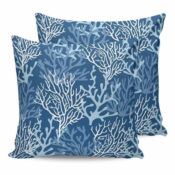 Outdoor Waterproof Throw Pillow Covers Set of 2 Blue Coral Decorative Pillowcases Square Outdoor Pillows Cushion Case 18x18 Inch Nautical Coastal Marine Life Patio Pillows for Couch Sofa Bed Garden